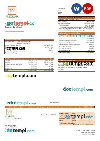 Egypt Blom Bank of Egypt bank mortgage statement, editable template in PDF and Word