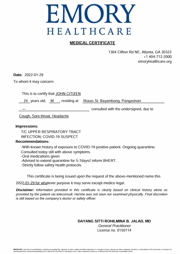 Emory University Hospital medical certificate template in Word and PDF formats