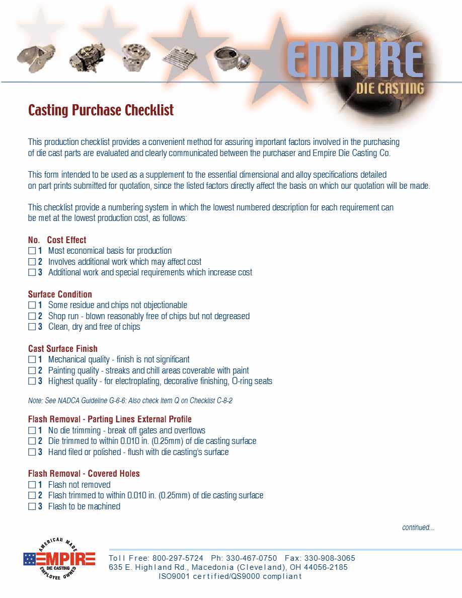 Empire Casting Purchase checklist template in Word and PDF formats, 4 pages