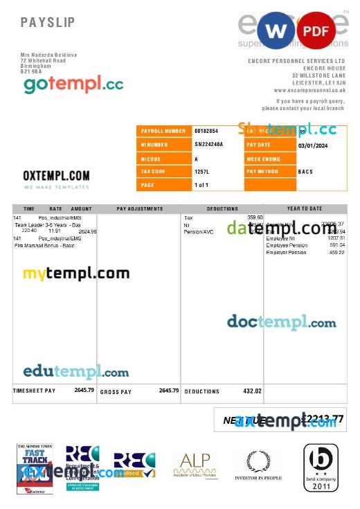 Sivaltech payslip template in Word and PDF formats