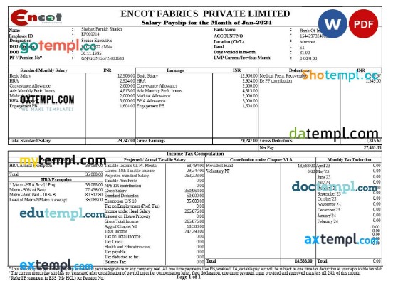 Encot Fabrics corporate office payslip template in Word and PDF formats