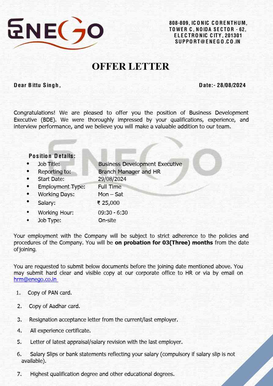 Enego Business Development Executive offer letter in Word and Pdf formats