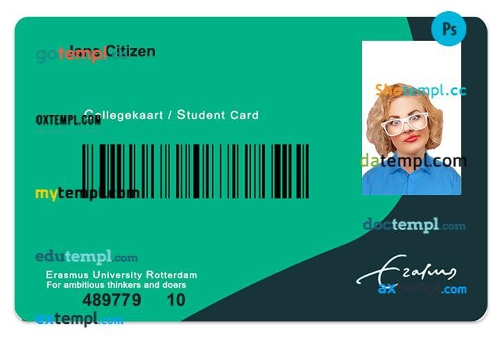 Erasmus University Rotterdam student ID template in PSD format, fully editable