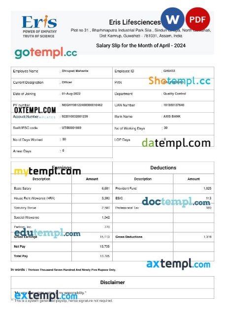 Sivaltech payslip template in Word and PDF formats