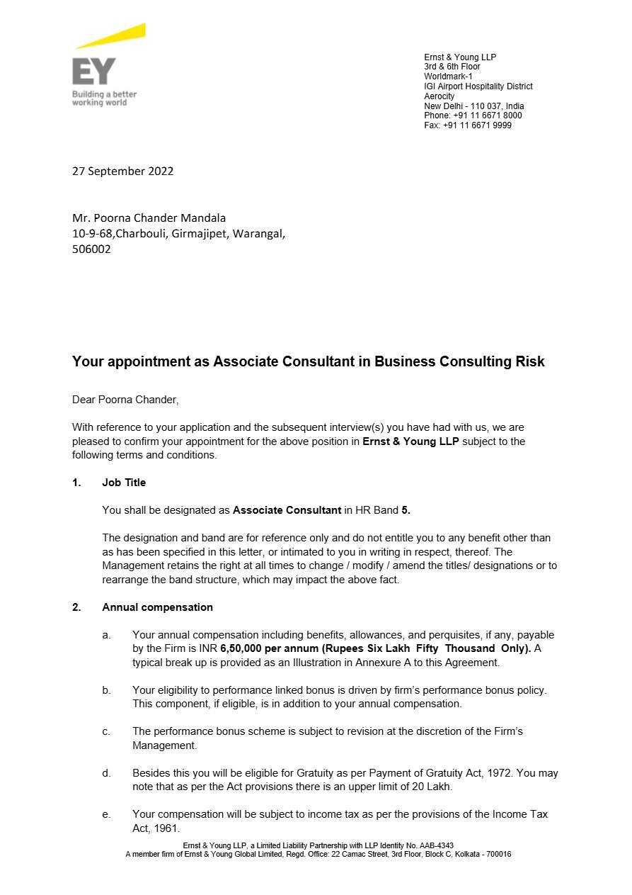 Ernst & Young LLP. Associate Consultant offer letter in Word and Pdf formats