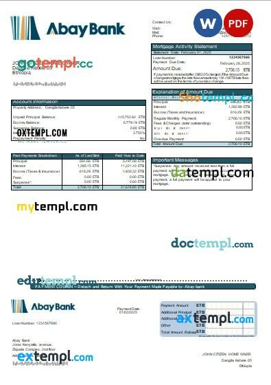 Ethiopia Abay bank mortgage statement, editable template in PDF and Word