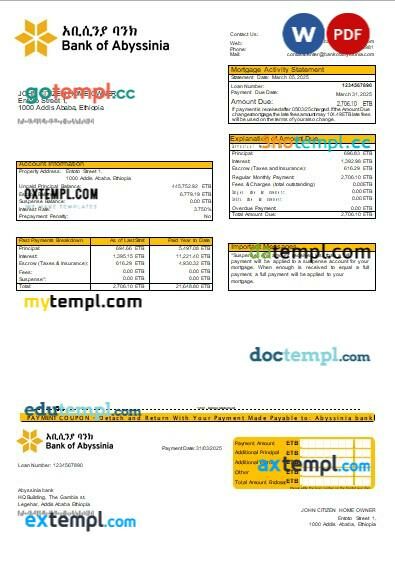 Ethiopia Bank of Abyssinia bank mortgage statement, editable template in PDF and Word