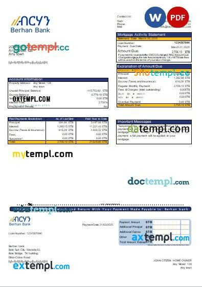 Ethiopia Berhan bank mortgage statement, editable template in PDF and Word