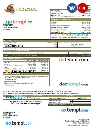 Ethiopia Commercial Bank mortgage statement, editable template in PDF and Word