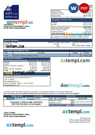 Ethiopia Dashen bank mortgage statement, editable template in PDF and Word