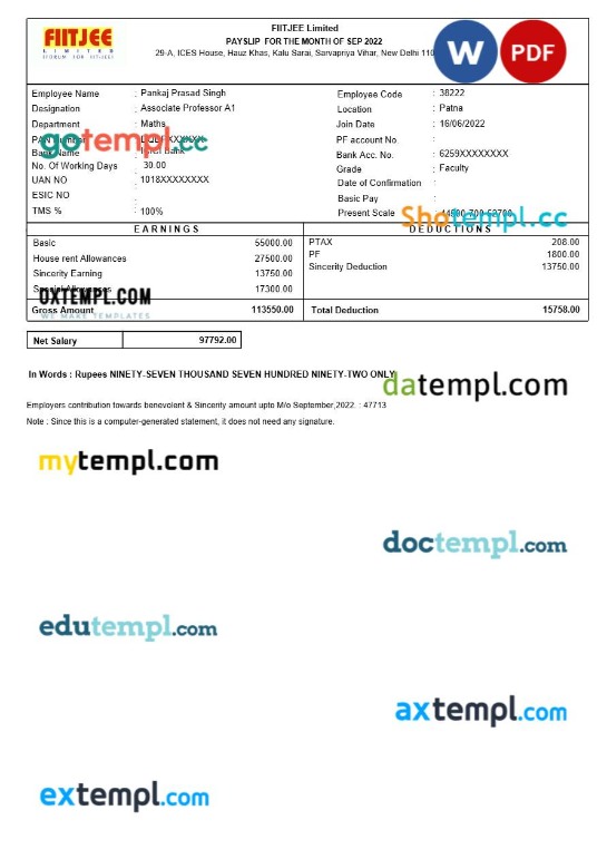 FIITJEE education center payslip template in Word and PDF formats