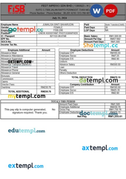 Fest Imperio payslip template in Word and PDF formats