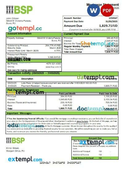 Fiji Bank of South Pacific bank mortgage statement, editable template in PDF and Word