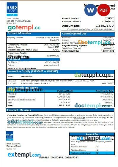 Fiji Bred bank bank mortgage statement, editable template in PDF and Word