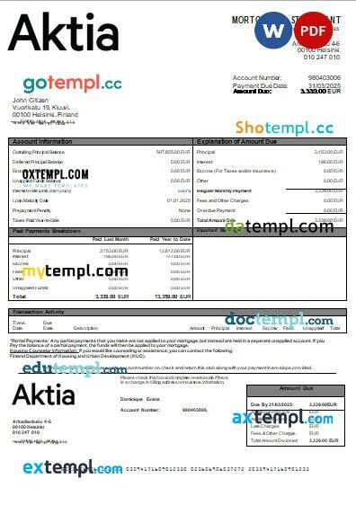 Finland Aktia Bank mortgage statement, editable template in PDF and Word