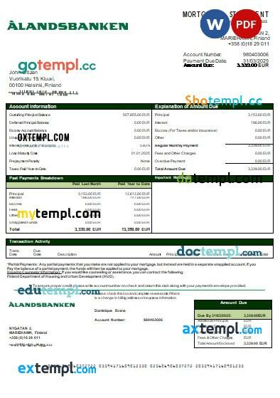 Finland Aland bank mortgage statement, editable template in PDF and Word