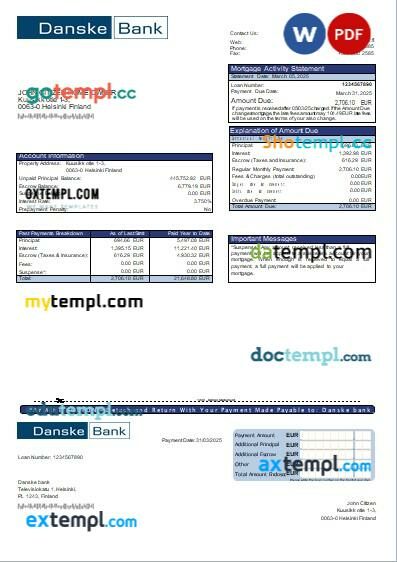 Finland Danske bank mortgage statement, editable template in PDF and Word