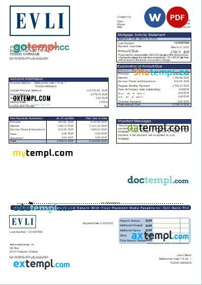 Finland Evli Bank PLC bank mortgage statement, editable template in PDF and Word