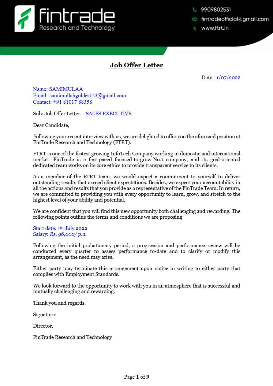 Green Wave Technologies Ltd. Supervisor offer letter in Word and Pdf formats