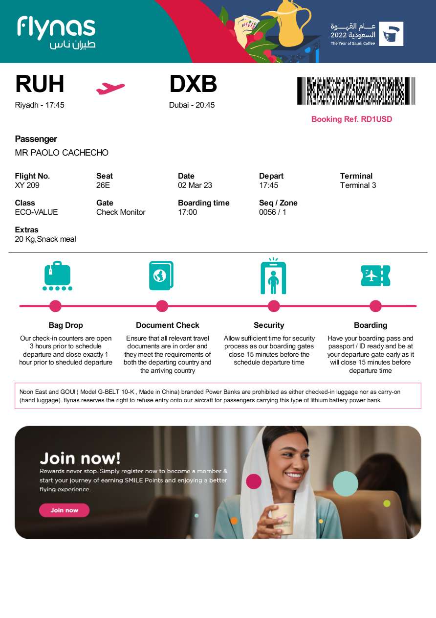 Flynas boarding pass in Word and PDF formats, version 2