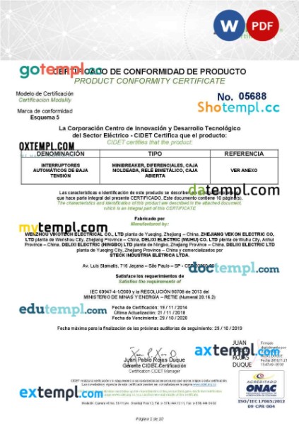 France CIDET product certificate editable template in Word and PSD format