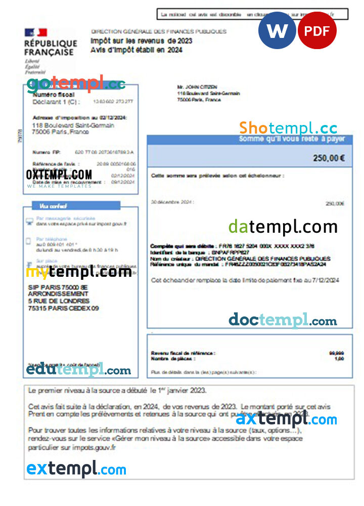 France Income Tax Notice (Avis D’Impôt Sur Les Revenus) 2023 2024 editable Word and PDF template