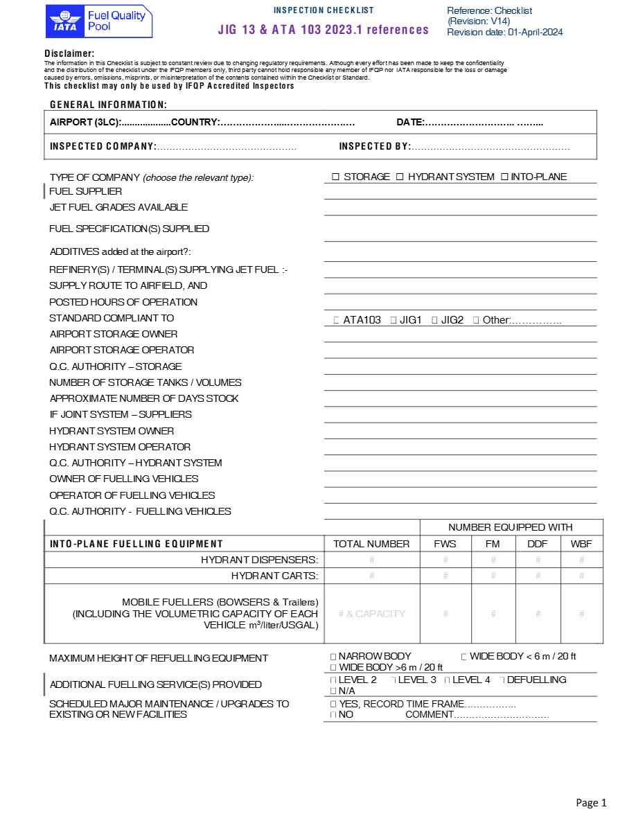 Fuel Quality Pool Inspection checklist template in Word and PDF formats, 31 pages