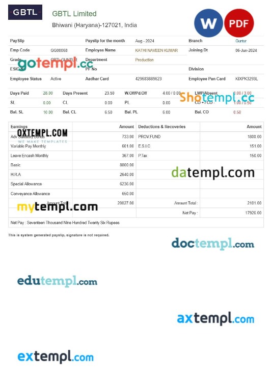 GBTL Limited textile company payslip template in Word and PDF formats