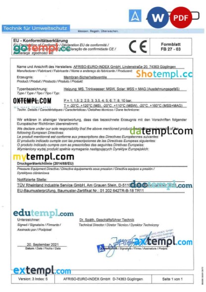 Russia BINAGroup product certificate editable template in Word and PDF formats