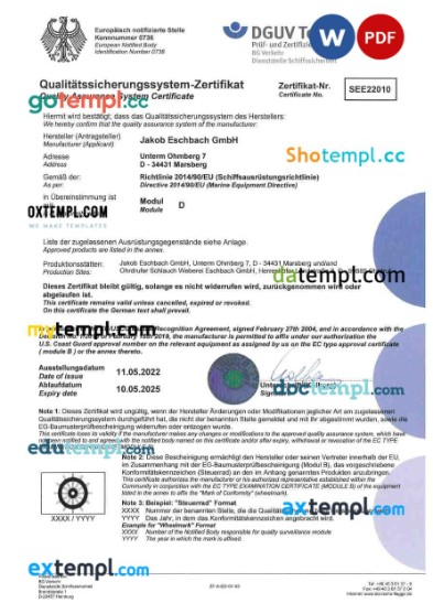 Germany DGUV Test product certificate editable template in Word and PDF format