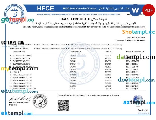 Germany Halal Food Council of Europe (HFCE) product certificate editable template in Word and PDF format (1)