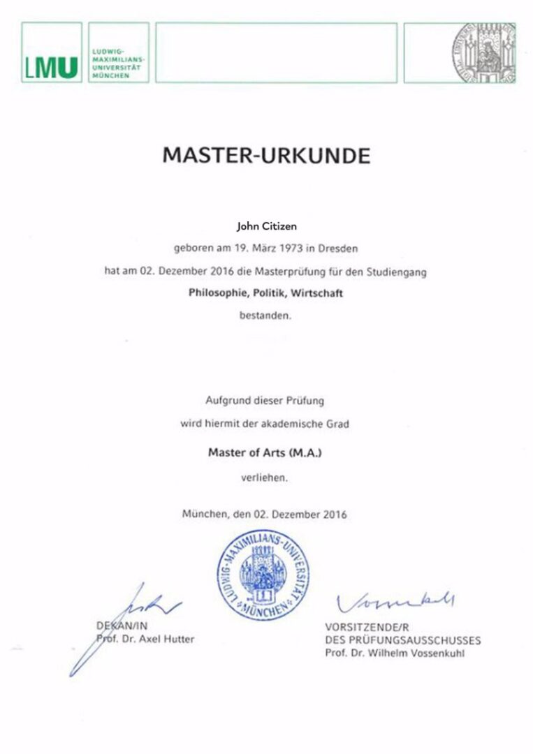 Germany Ludwig Maximilian University of Munich diploma template in PSD format