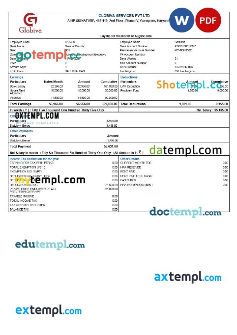 Globiva Services payslip template in Word and PDF formats