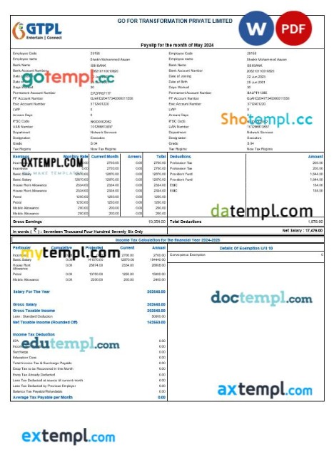 Team Computers salary slip template in Word and PDF formats