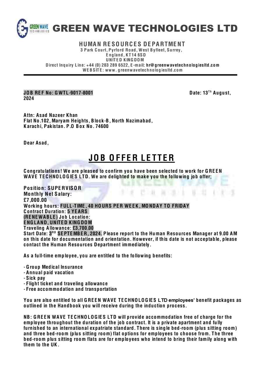 Green Wave Technologies Ltd. Supervisor offer letter in Word and Pdf formats