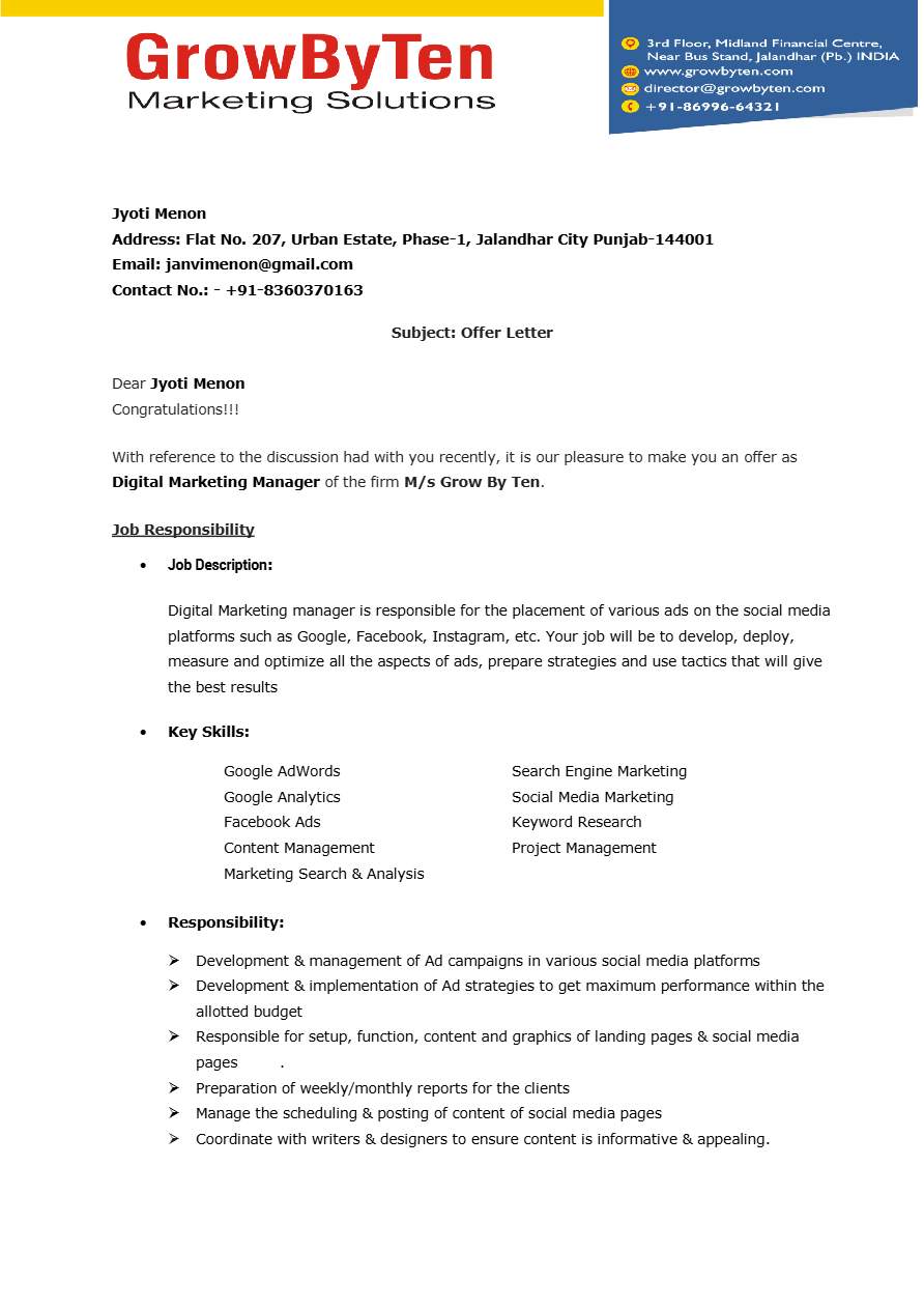 Interio7 Marketing Executive offer letter in Word and Pdf formats