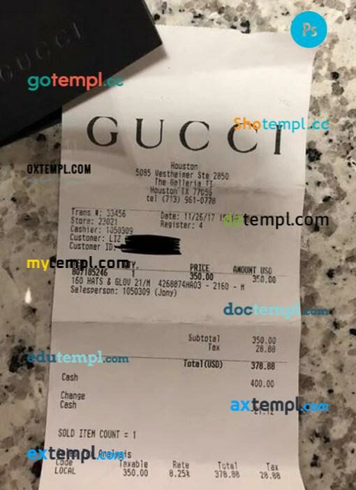 Gucci brand store receipt PSD template