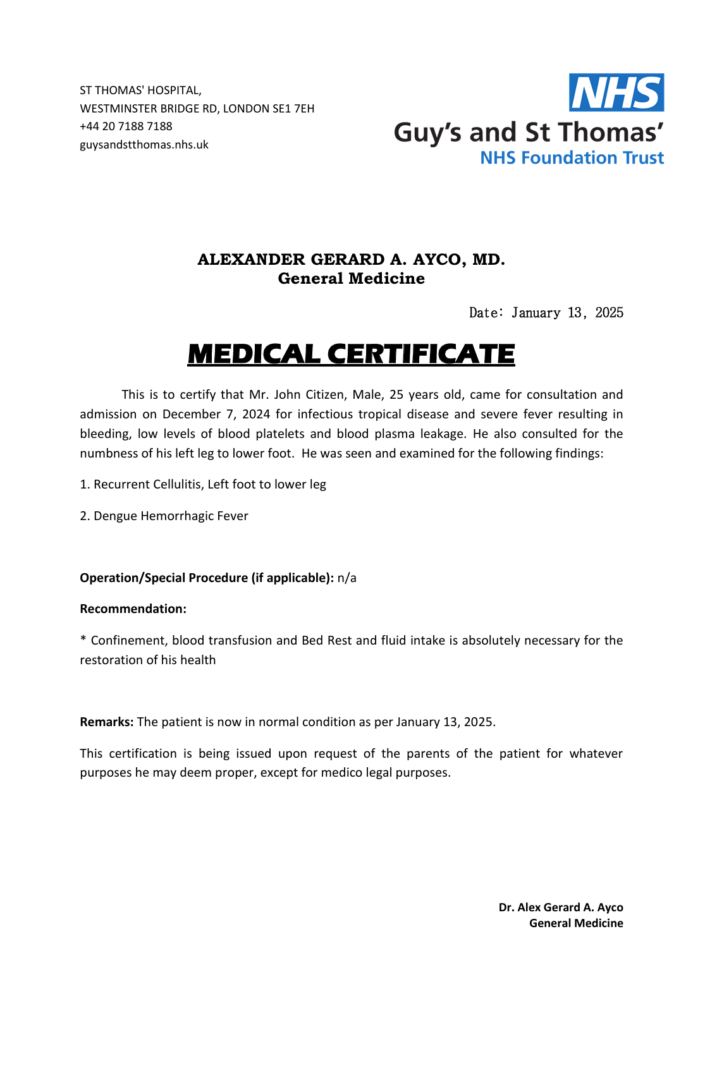 Guy’s Hospital medical certificate template in Word and PDF formats