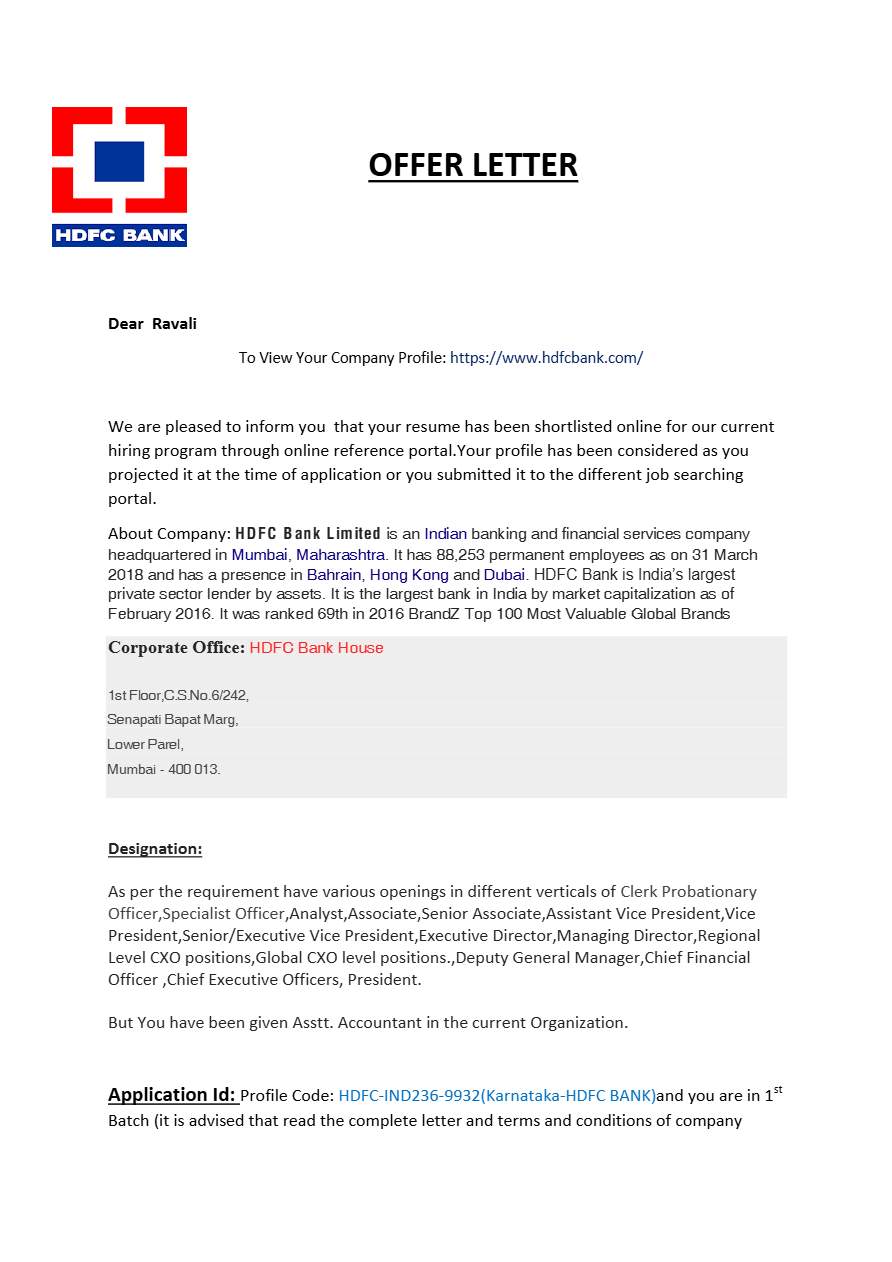 HDFC Bank Ltd. Accountant offer letter in Word and Pdf formats