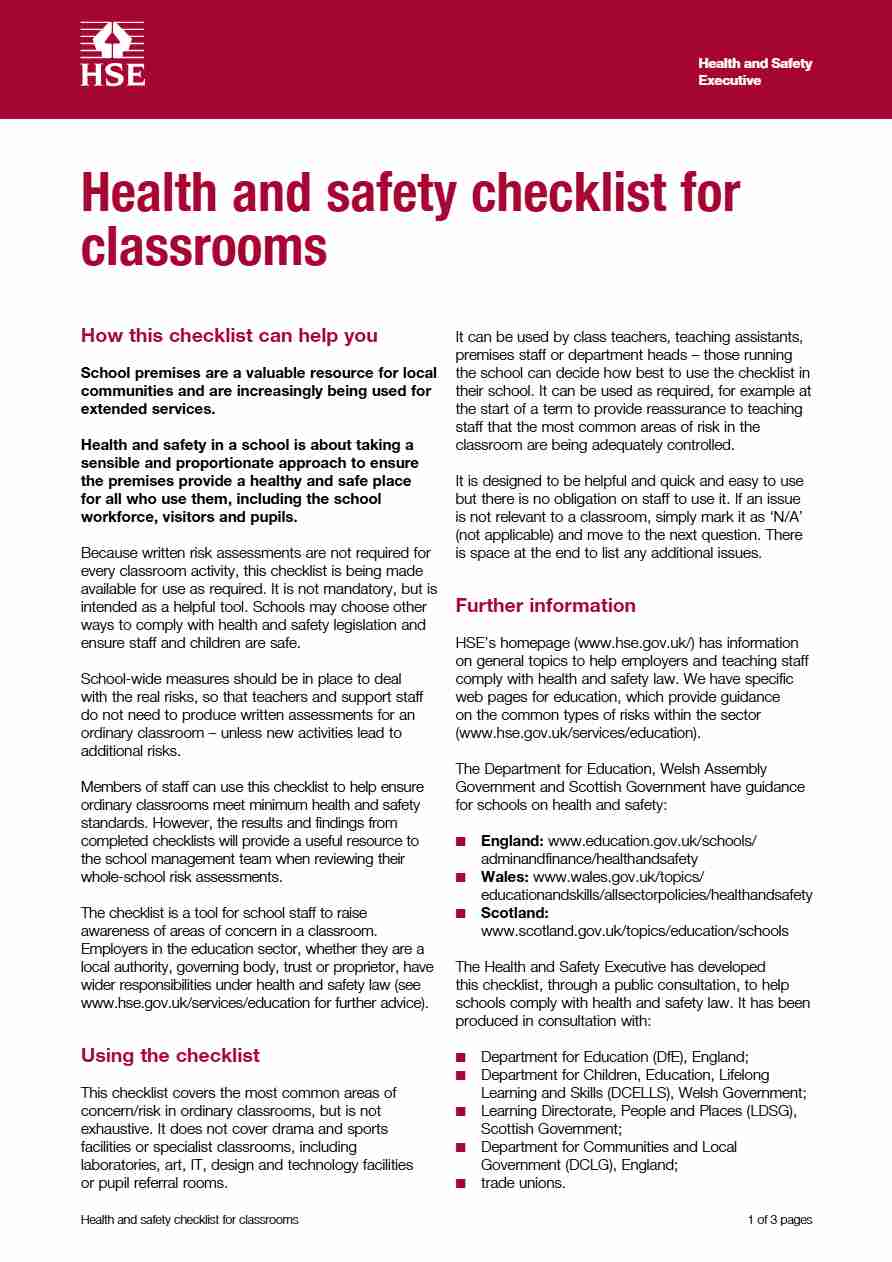 Health and safety classrooms checklist template in Word and PDF formats, 3 pages