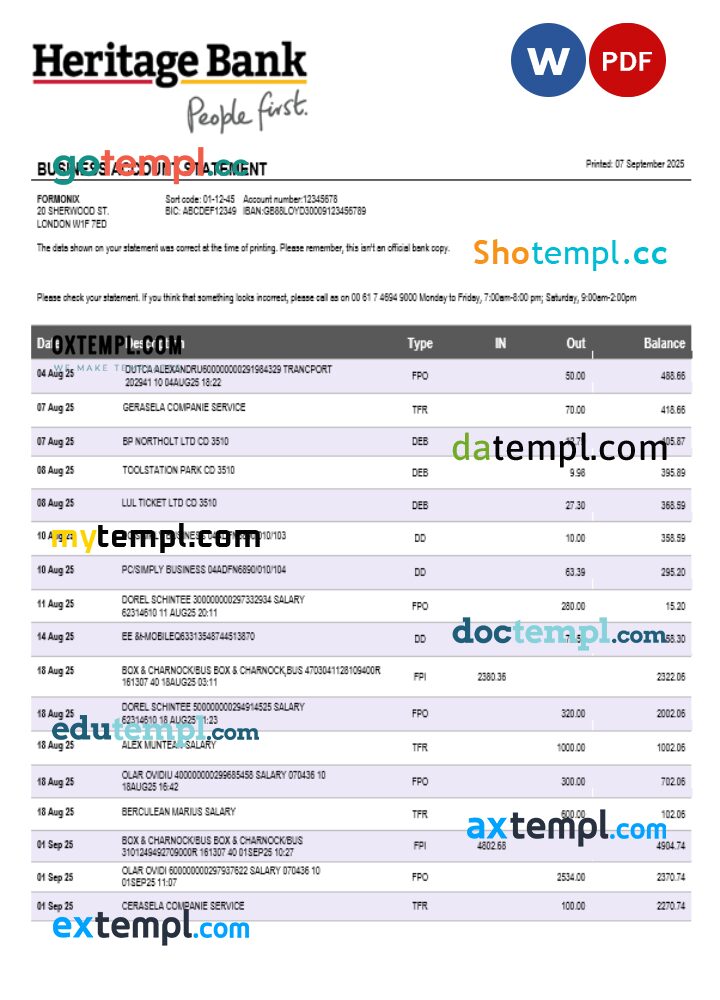 Heritage business bank statement Word and PDF format