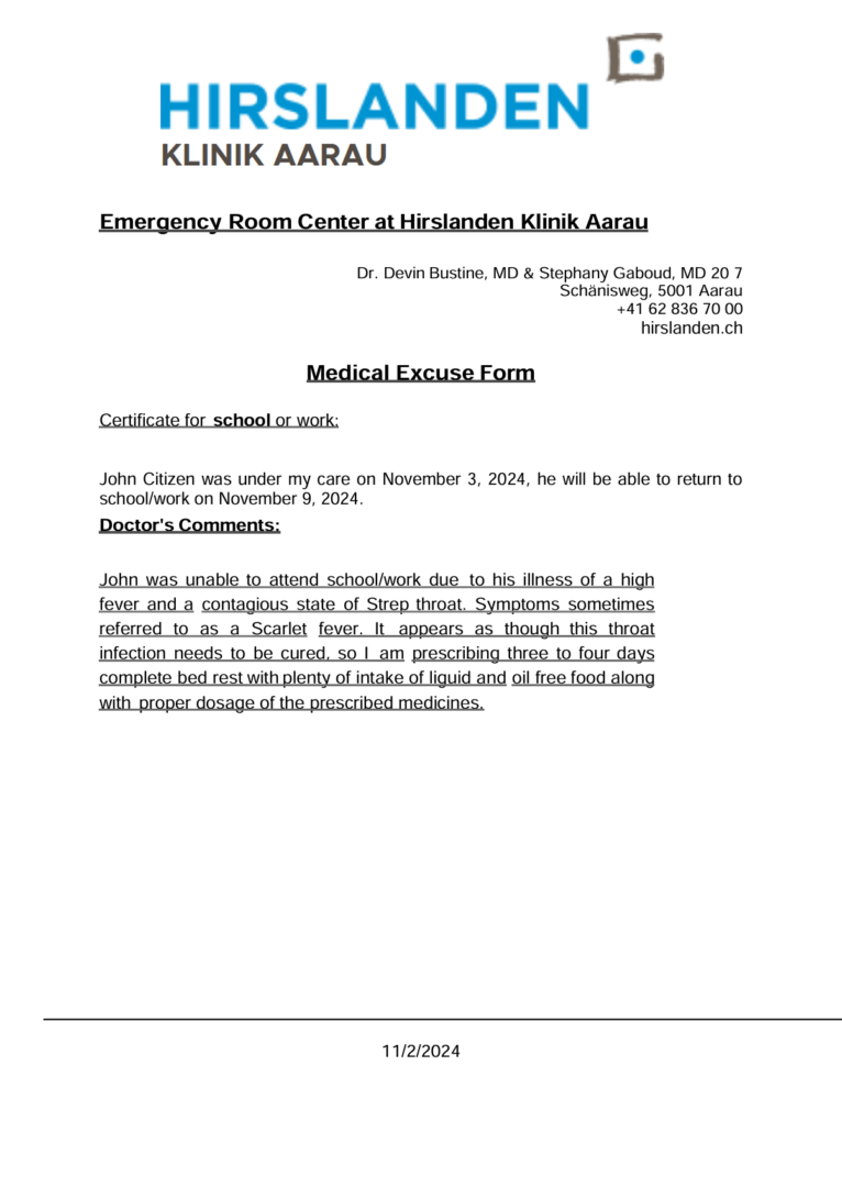 Hirslanden Klinik Aarau medical excuse template in Word and PDF formats