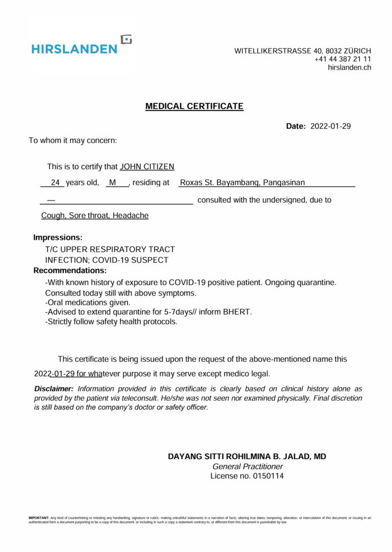 Hirslanden Klinik Hirslanden medical certificate template in Word and PDF formats