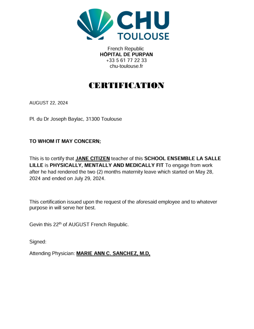 Hôpital de Purpan certification template in Word and PDF formats