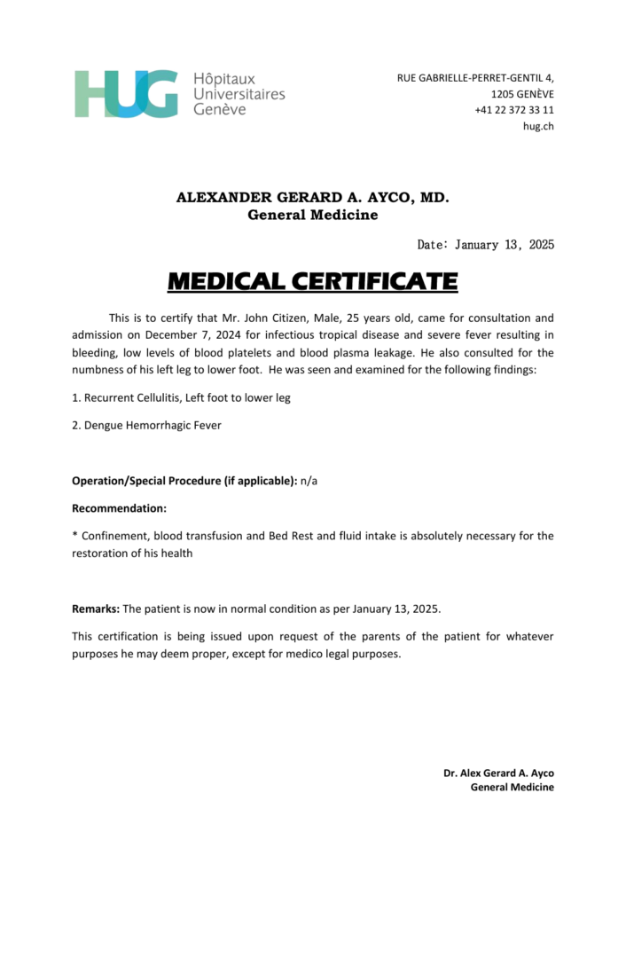 Hôpitaux Universitaires de Genève (HUG) medical certificate template in Word and PDF formats