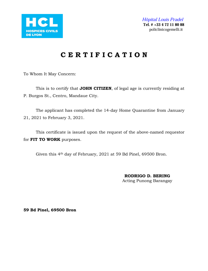 Hospices Civils de Lyon – Hôpital Louis Pradel medical certificate template in Word and PDF formats