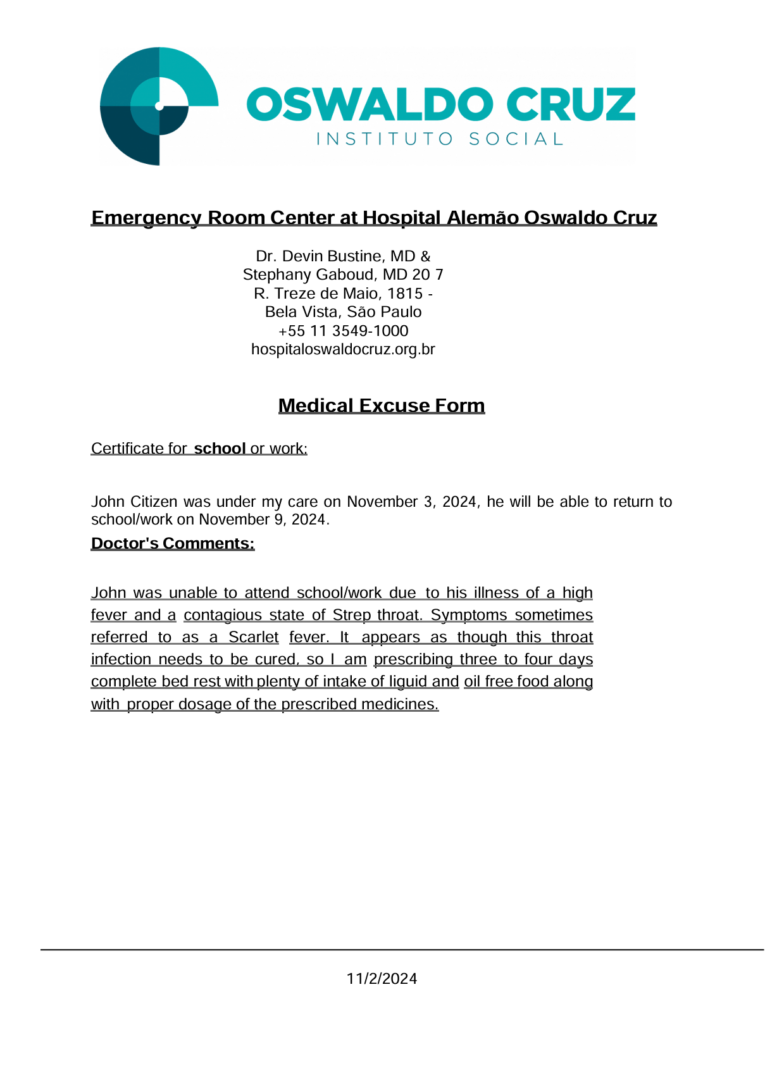 Hospital Alemão Oswaldo Cruz medical excuse template in Word and PDF formats