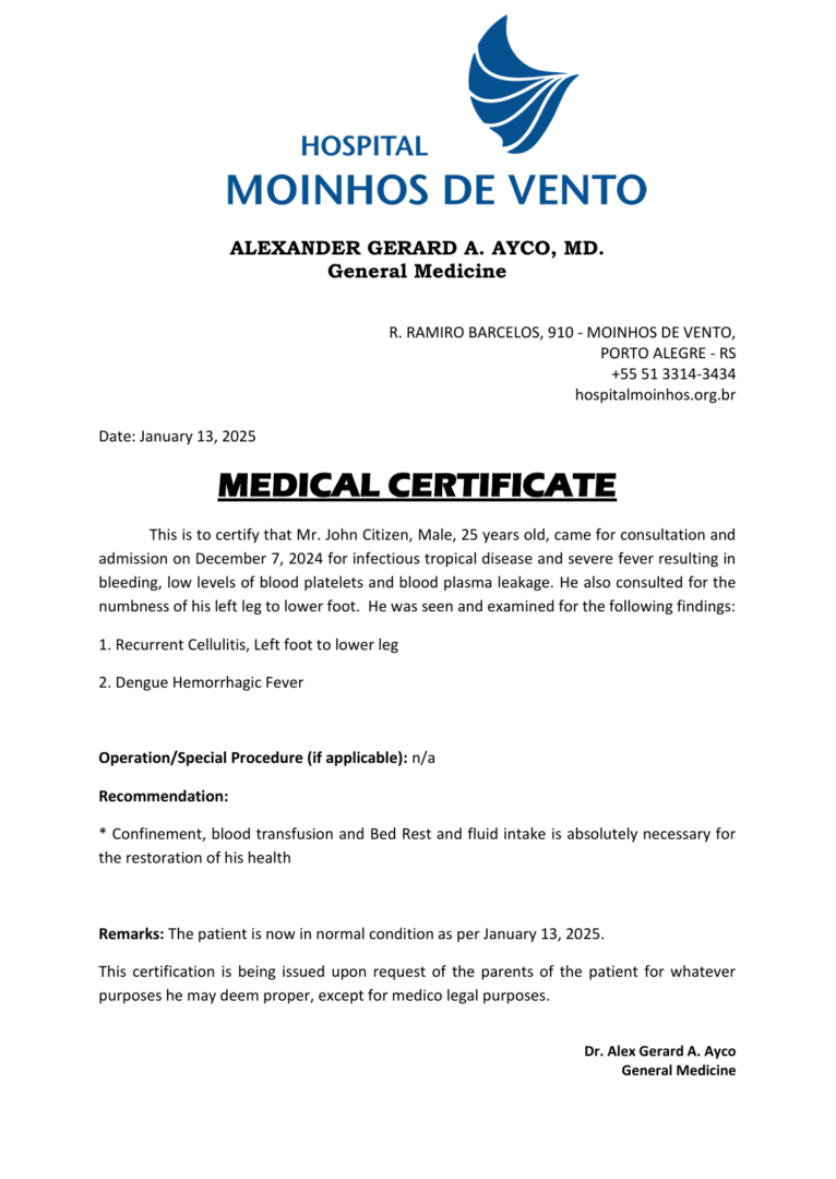 Hospital Moinhos de Vento medical certificate template in Word and PDF formats