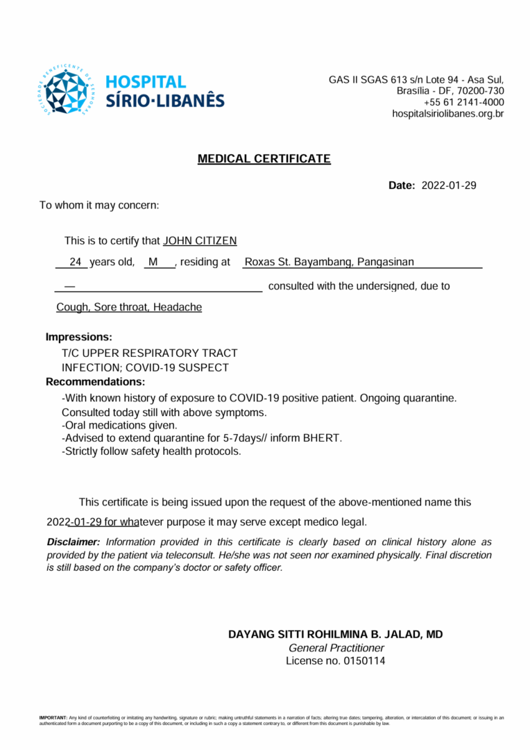 Hospital Sírio-Libanês medical certificate template in Word and PDF formats