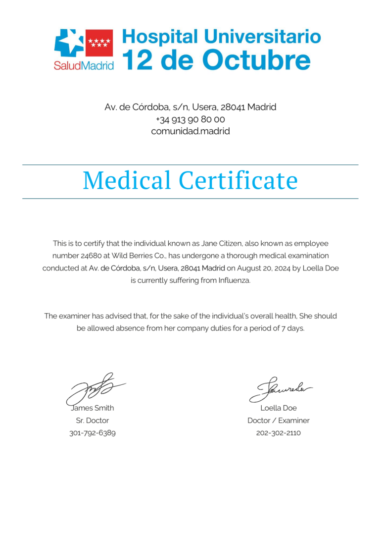 Hospital Universitario 12 de Octubre medical certificate template in Word and PDF formats